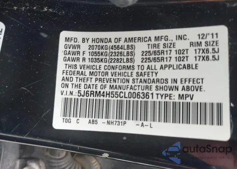 2012 Honda Cr-V Ex z USA, uszkodzony, nr VIN 5J6RM4H55CL006361